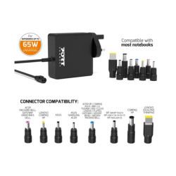 PORT DESIGNS Universal Power Adapter For Notebooks Up To 65W UK Plug 9 Universal Detachable Tips