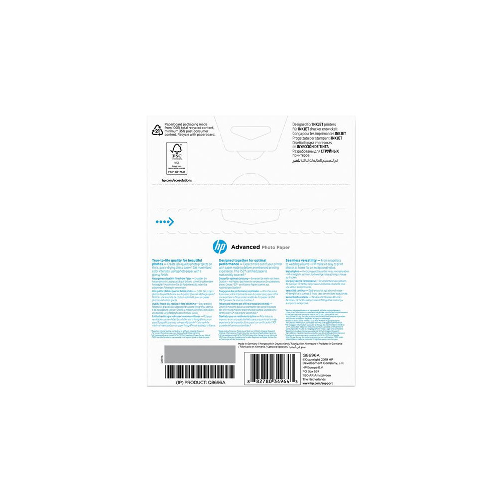 HP original Advanced glossy photo paper Ink cartridge Q8696A 250g/m2 130x180mm 25 sheets 1-pack borderless