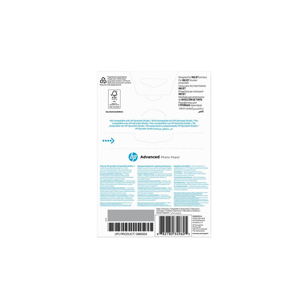 HP original Q8692A Advanced glossy photo paper Ink cartridge 250g/m2 100x150mm 100 sheets 1-pack borderless